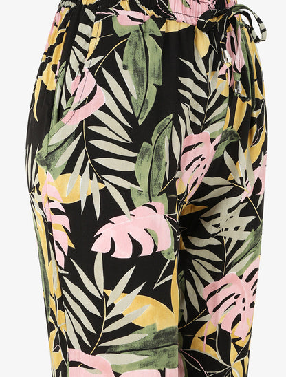 Pantalon fluide imprimé fleurs tropicales à bords élastiqués - Noir - 3