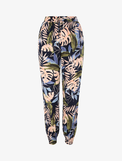 Pantalon fluide imprimé fleurs tropicales à bords élastiqués - Marine - 1
