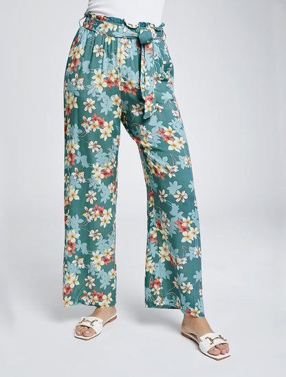 Pantalon fluide motifs fleurs de vanillier - Bleu gris - 1