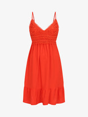 Robe courte à bretelles et dentelle - Corail - 1