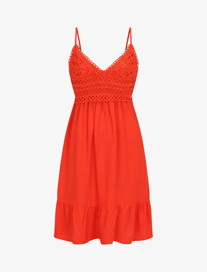 Robe courte à bretelles et dentelle - Corail - 1