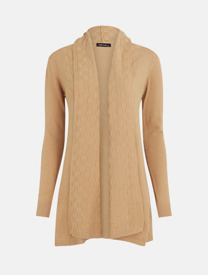 Gilet mi-long à col châle damier - Beige - 1