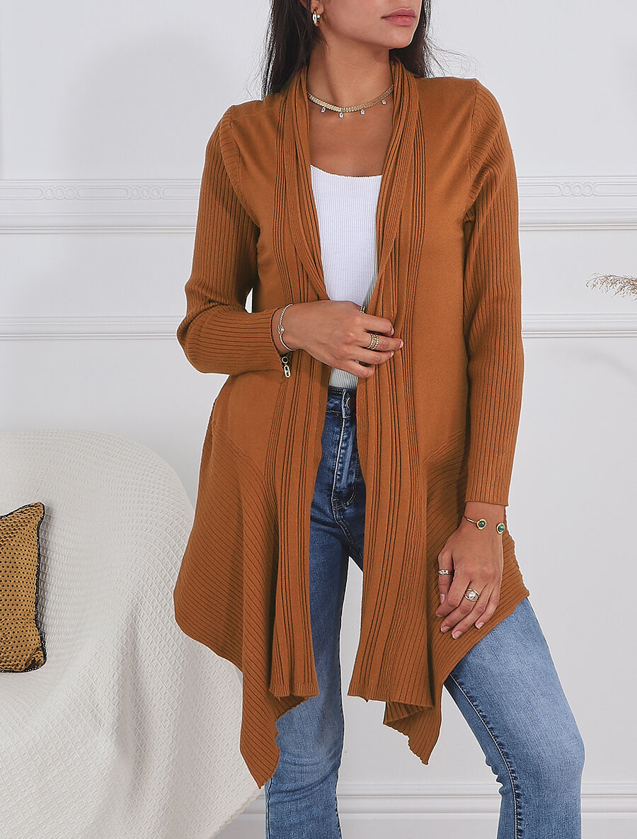 Gilet côtelé asymétrique - Camel - 1