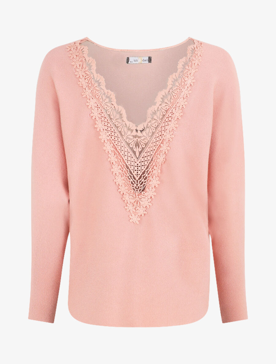 Pull à dos en dentelle - Rose - 3