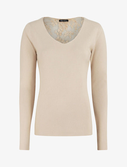 Pull fin à dos en dentelle - Beige - 6