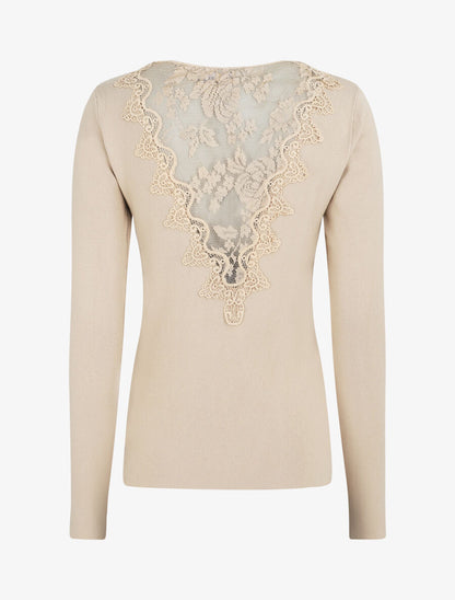 Pull fin à dos en dentelle - Beige - 3
