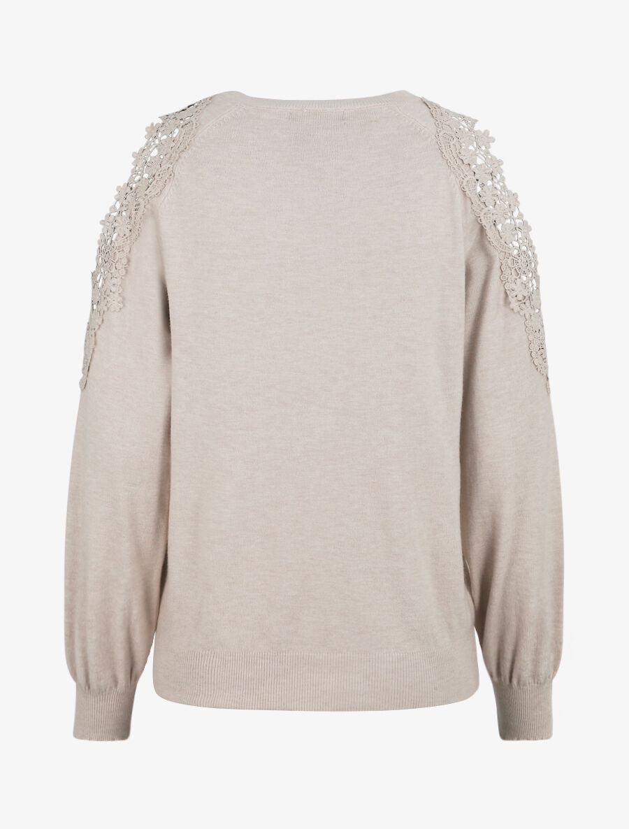 Pull épaules ajourées en dentelle - Beige - 3