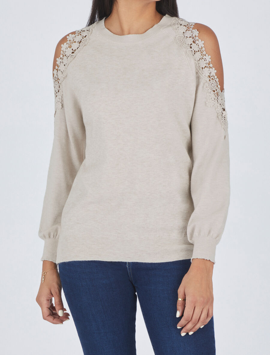 Pull épaules ajourées en dentelle - Beige - 1