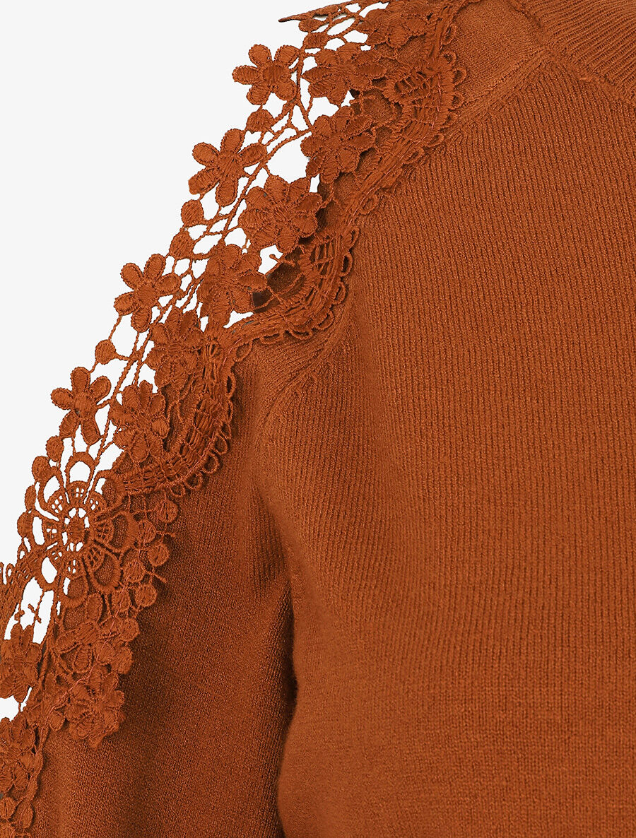 Pull épaules ajourées en dentelle - Terre de sienne - 4