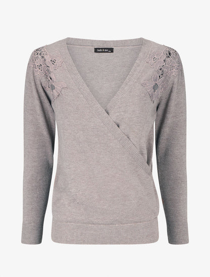 Pull cache-coeur à détail dentelle - Taupe - 5