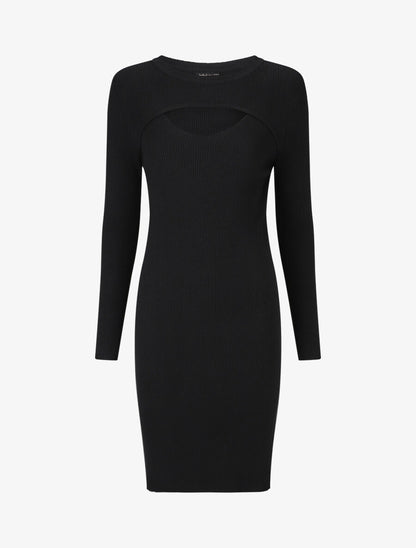 Robe mi-longue côtelée à décolleté ajouré - Noir - 1