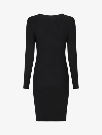 Robe mi-longue côtelée à décolleté ajouré - Noir - 2