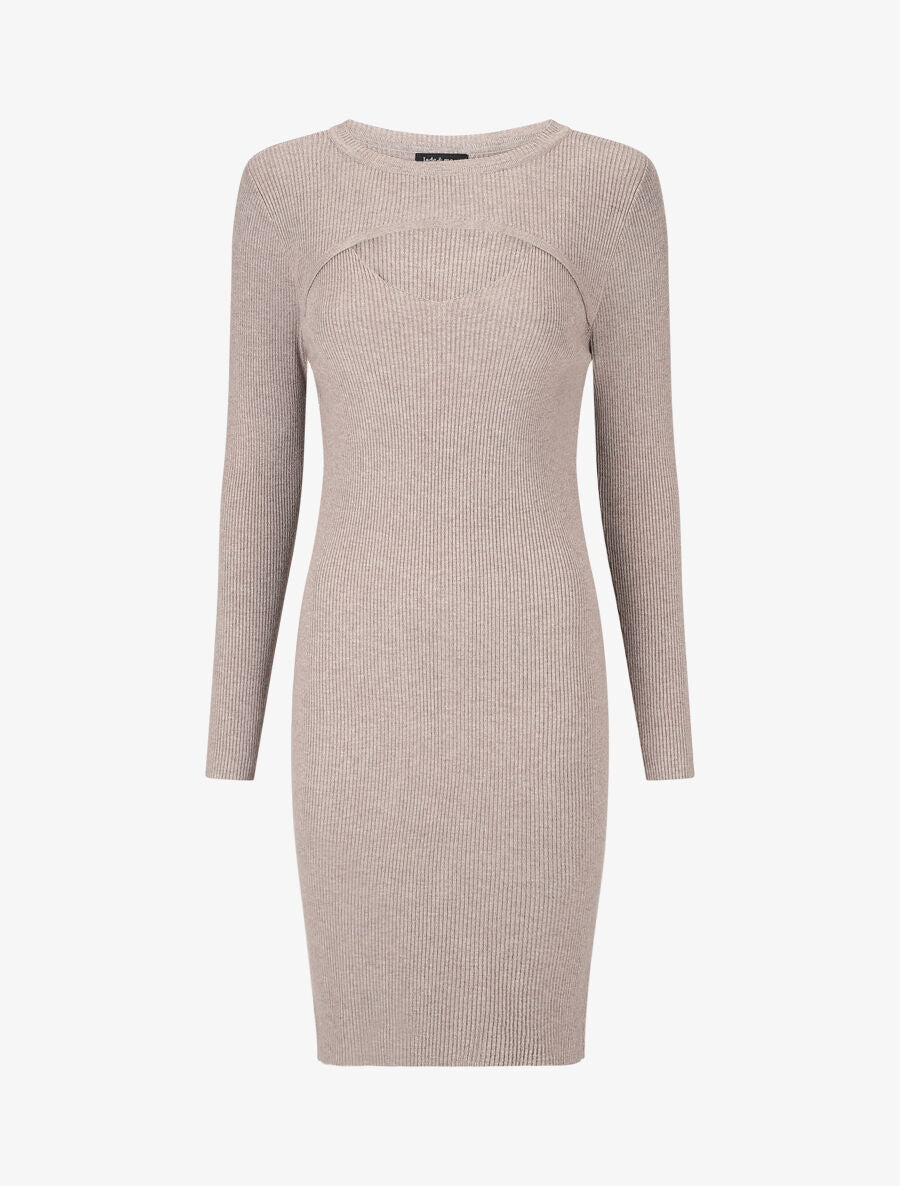Robe mi-longue côtelée à décolleté ajouré - Taupe - 4