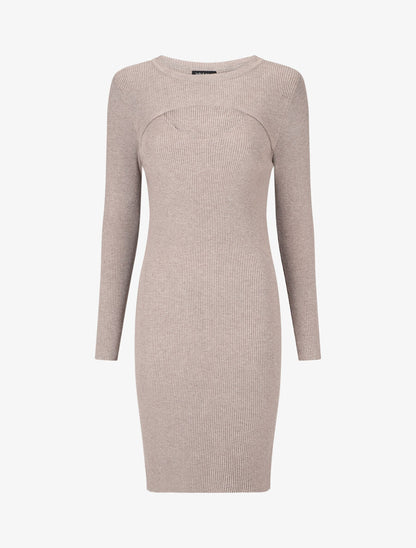 Robe mi-longue côtelée à décolleté ajouré - Taupe - 4