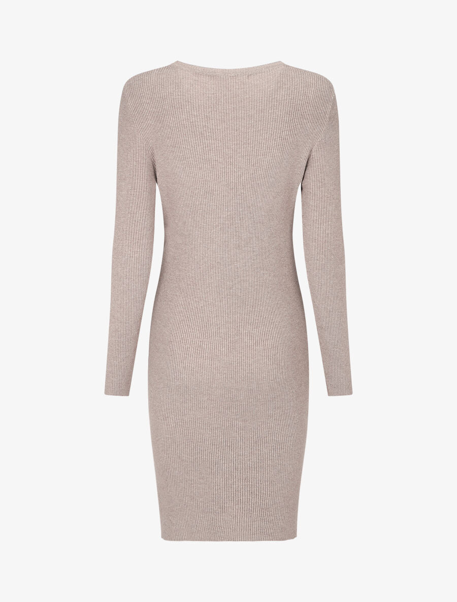 Robe mi-longue côtelée à décolleté ajouré - Taupe - 2