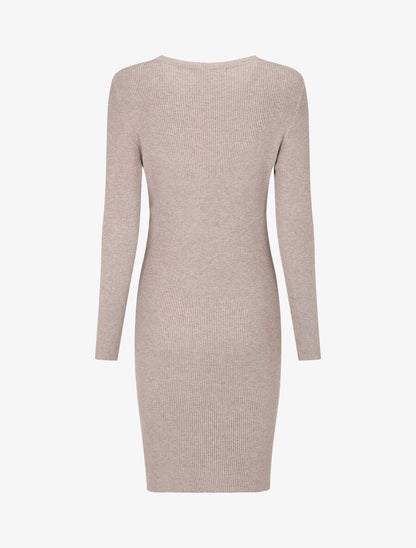 Robe mi-longue côtelée à décolleté ajouré - Taupe - 2
