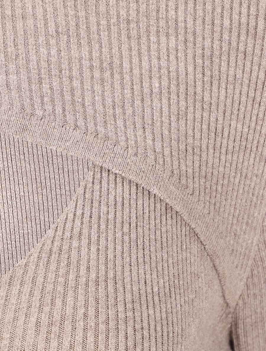 Robe mi-longue côtelée à décolleté ajouré - Taupe - 3