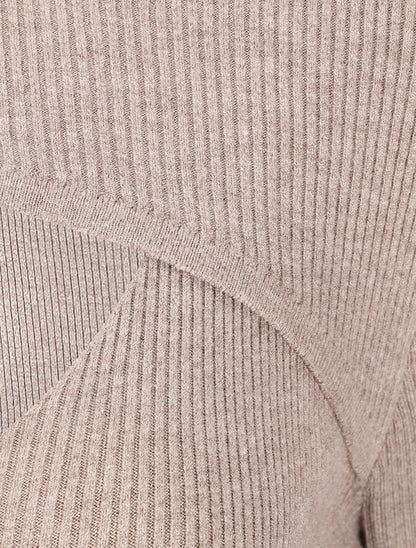 Robe mi-longue côtelée à décolleté ajouré - Taupe - 3