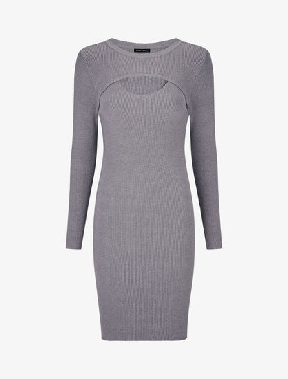 Robe mi-longue côtelée à décolleté ajouré - Gris - 1