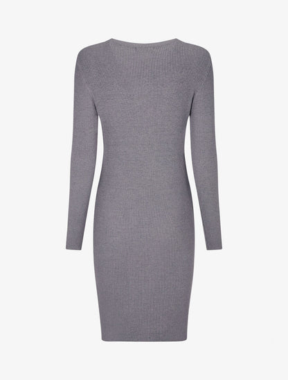 Robe mi-longue côtelée à décolleté ajouré - Gris - 2