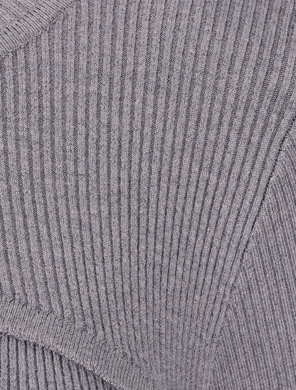 Robe mi-longue côtelée à décolleté ajouré - Gris - 3