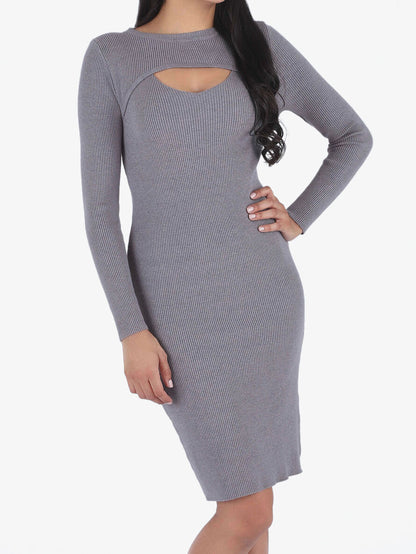 Robe mi-longue côtelée à décolleté ajouré - Gris - 4