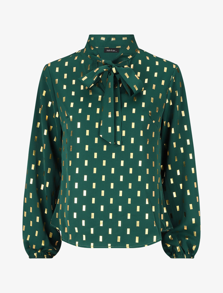 Blouse col lavallière à imprimé rectangles dorés - Vert - 1