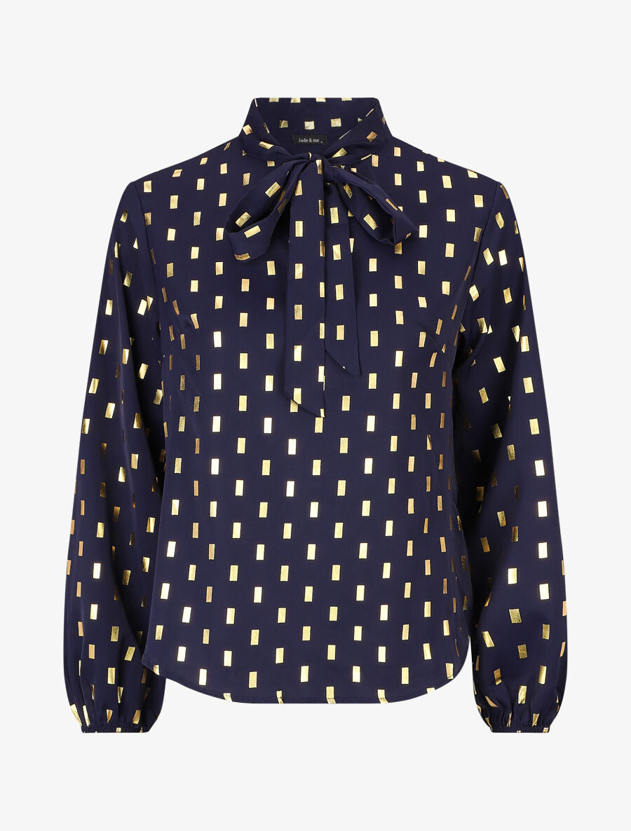 Blouse col lavallière à imprimé rectangles dorés - Marine - 5