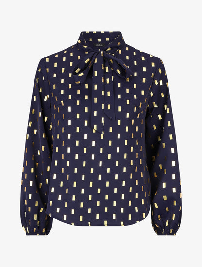 Blouse col lavallière à imprimé rectangles dorés - Marine - 5