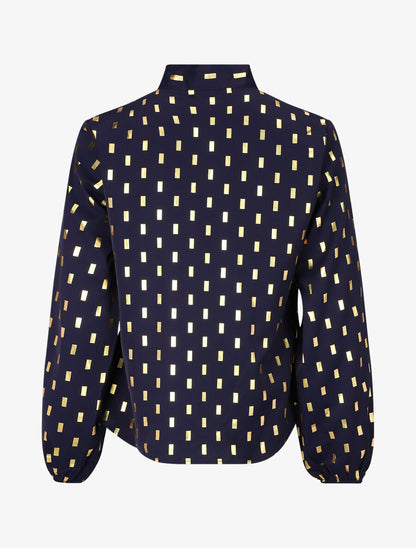 Blouse col lavallière à imprimé rectangles dorés - Marine - 2