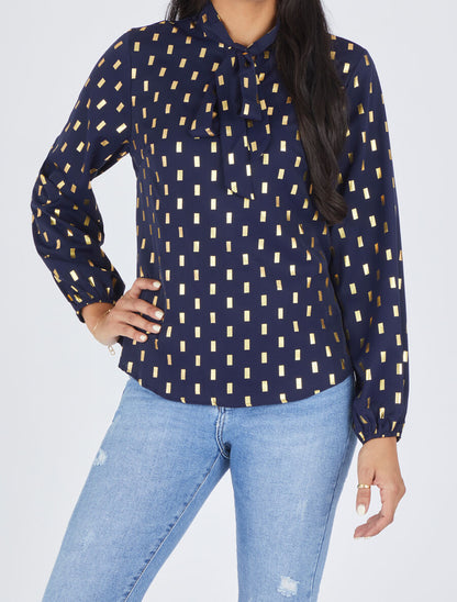 Blouse col lavallière à imprimé rectangles dorés - Marine - 4