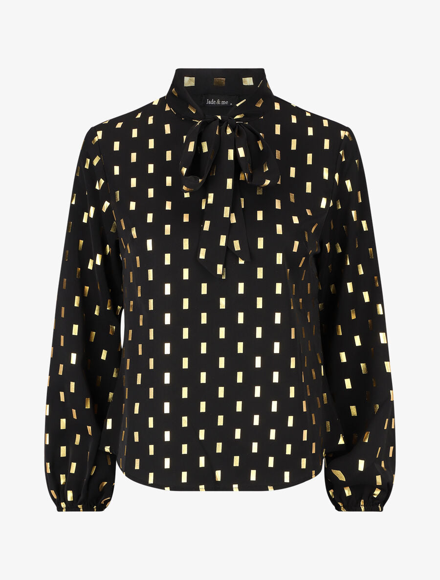 Blouse col lavallière à imprimé rectangles dorés - Noir - 1