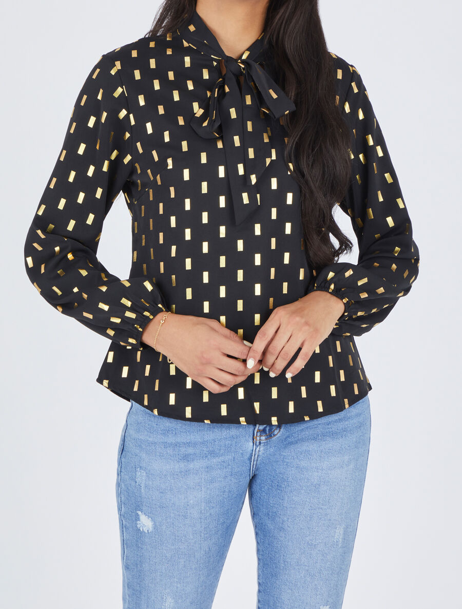 Blouse col lavallière à imprimé rectangles dorés - Noir - 4