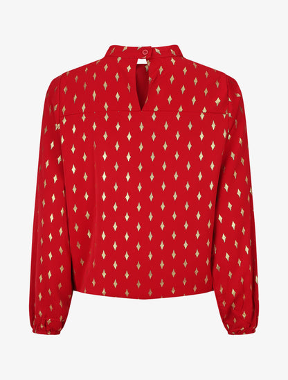 Blouse col montant à imprimé losanges dorés - Rouge - 2