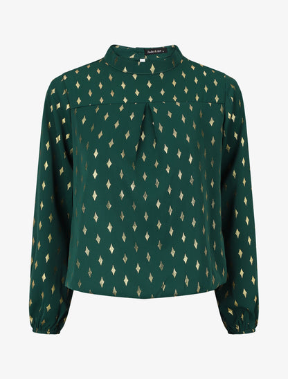 Blouse col montant à imprimé losanges dorés - Vert - 5
