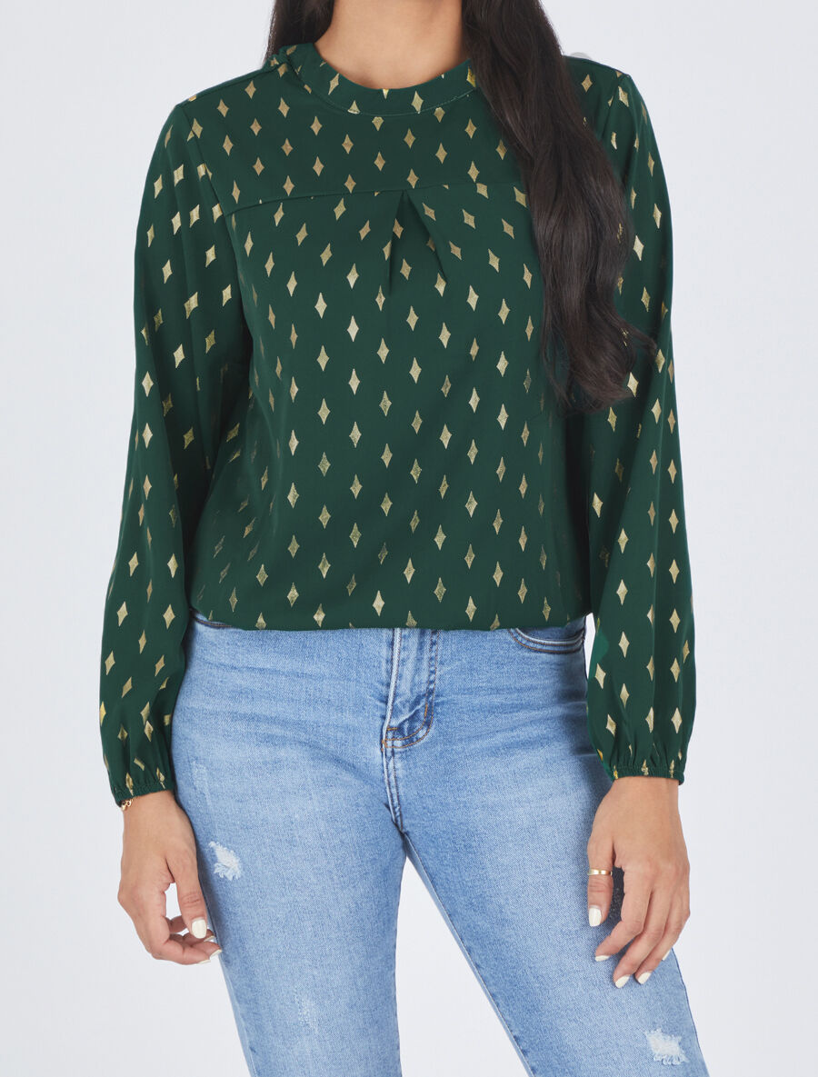 Blouse col montant à imprimé losanges dorés - Vert - 4