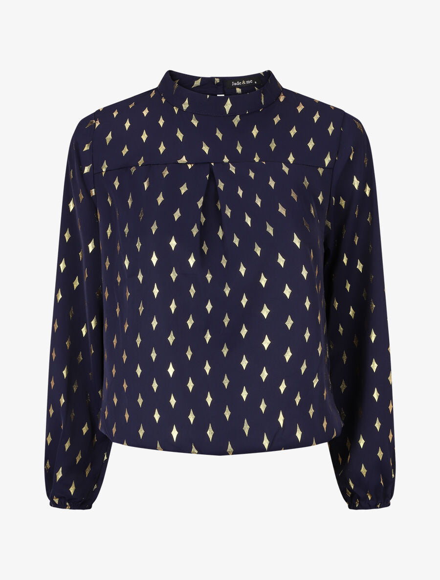 Blouse col montant à imprimé losanges dorés - Marine - 5