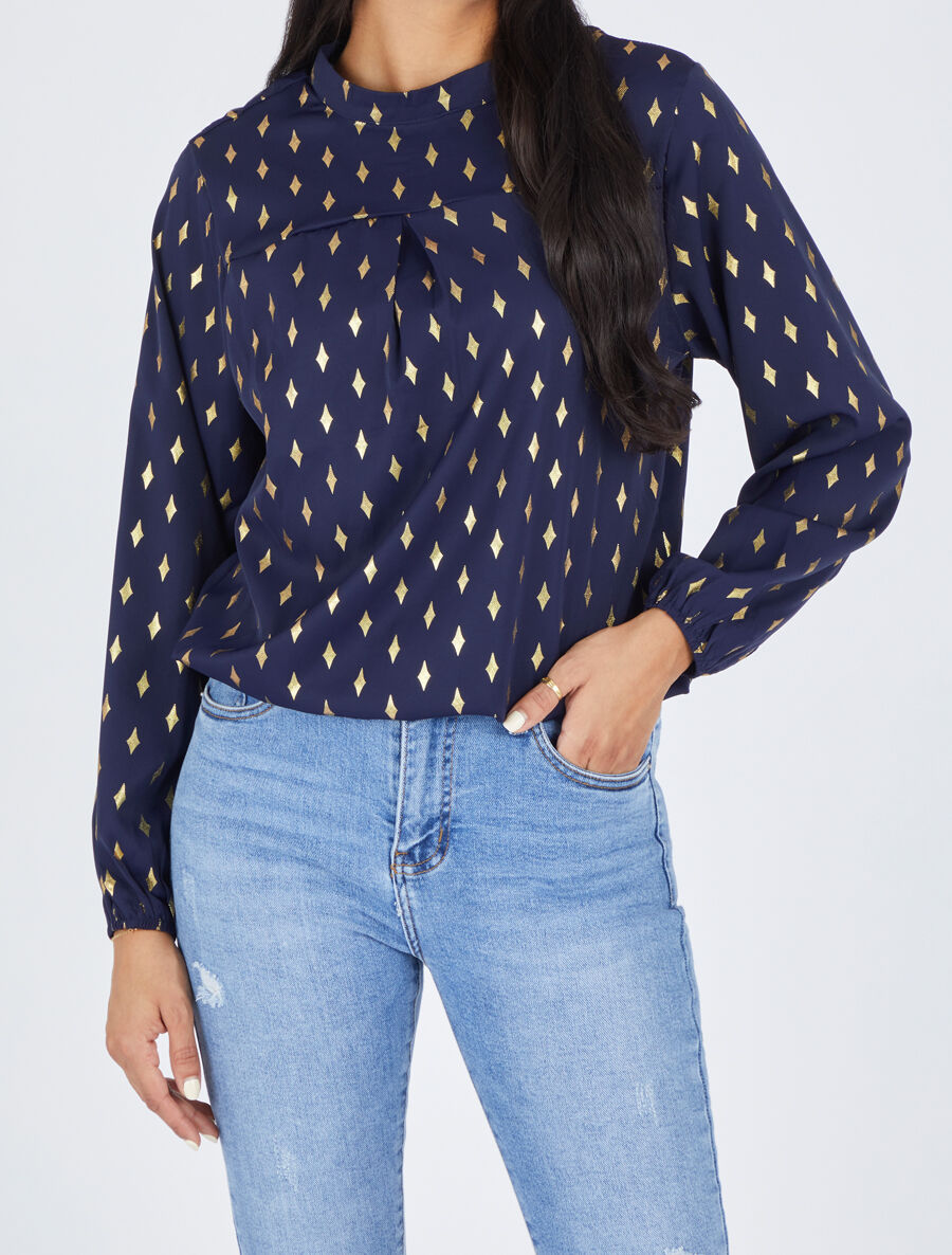Blouse col montant à imprimé losanges dorés - Marine - 4