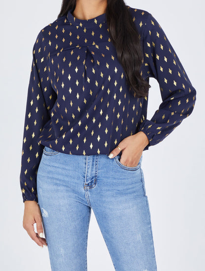 Blouse col montant à imprimé losanges dorés - Marine - 4