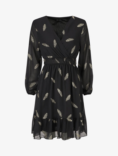 Robe mi-longue à imprimé plumes dorées - Noir - 5