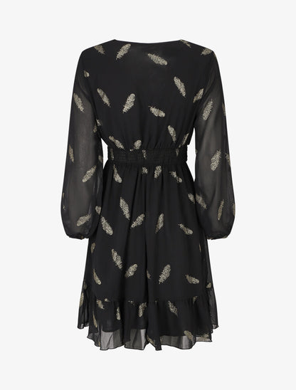Robe mi-longue à imprimé plumes dorées - Noir - 2