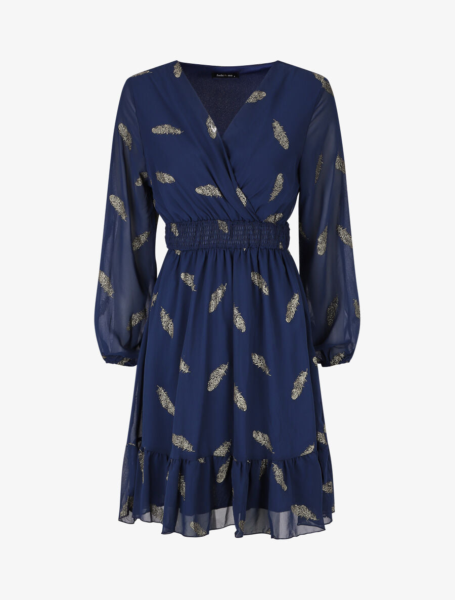 Robe mi-longue à imprimé plumes dorées - Marine - 5