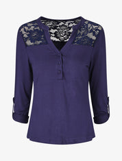 Top uni manches longues et dentelle - Marine - 1