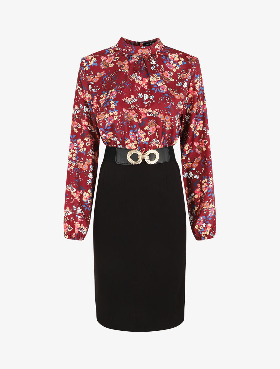 Robe satinée imprimé fleuri - Bordeaux - 2