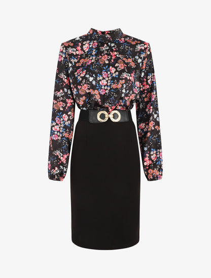 Robe satinée imprimé fleuri - Noir - 2