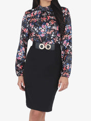 Robe satinée imprimé fleuri - Noir - 1