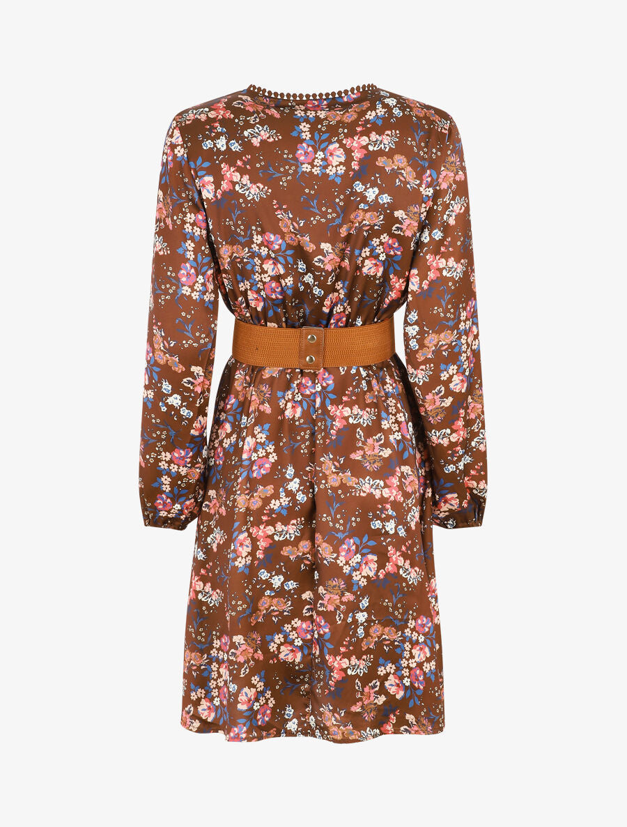 Robe satinée fleuri col cache-coeur - Marron - 2