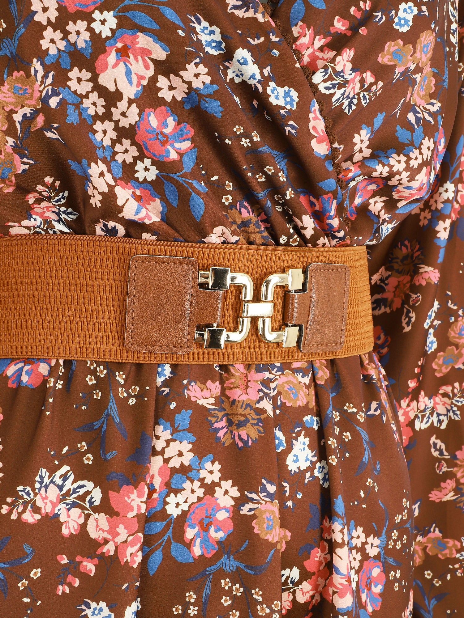 Robe satinée fleuri col cache-coeur - Marron - 3