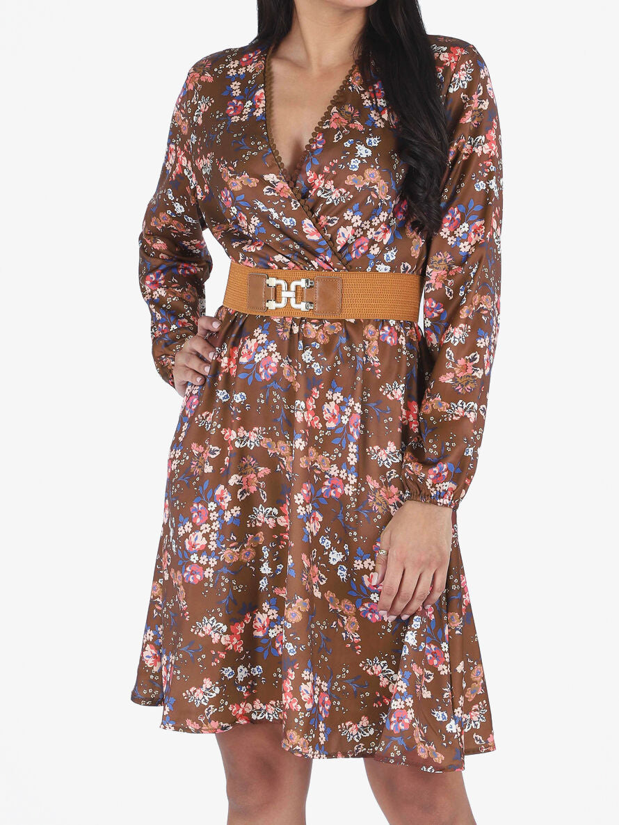 Robe satinée fleuri col cache-coeur - Marron - 4