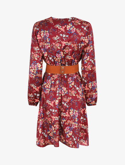 Robe satinée fleuri col cache-coeur - Bordeaux - 2